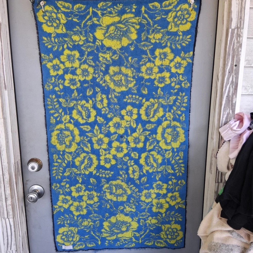 Vintage MCM Bath Towel Blue Yellow Floral Martex GVC USA